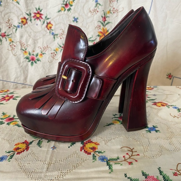 SOLD!! MIU MIU OXBLOOD RED LOAFER PLATFORM HEELS - Picture 2 of 6